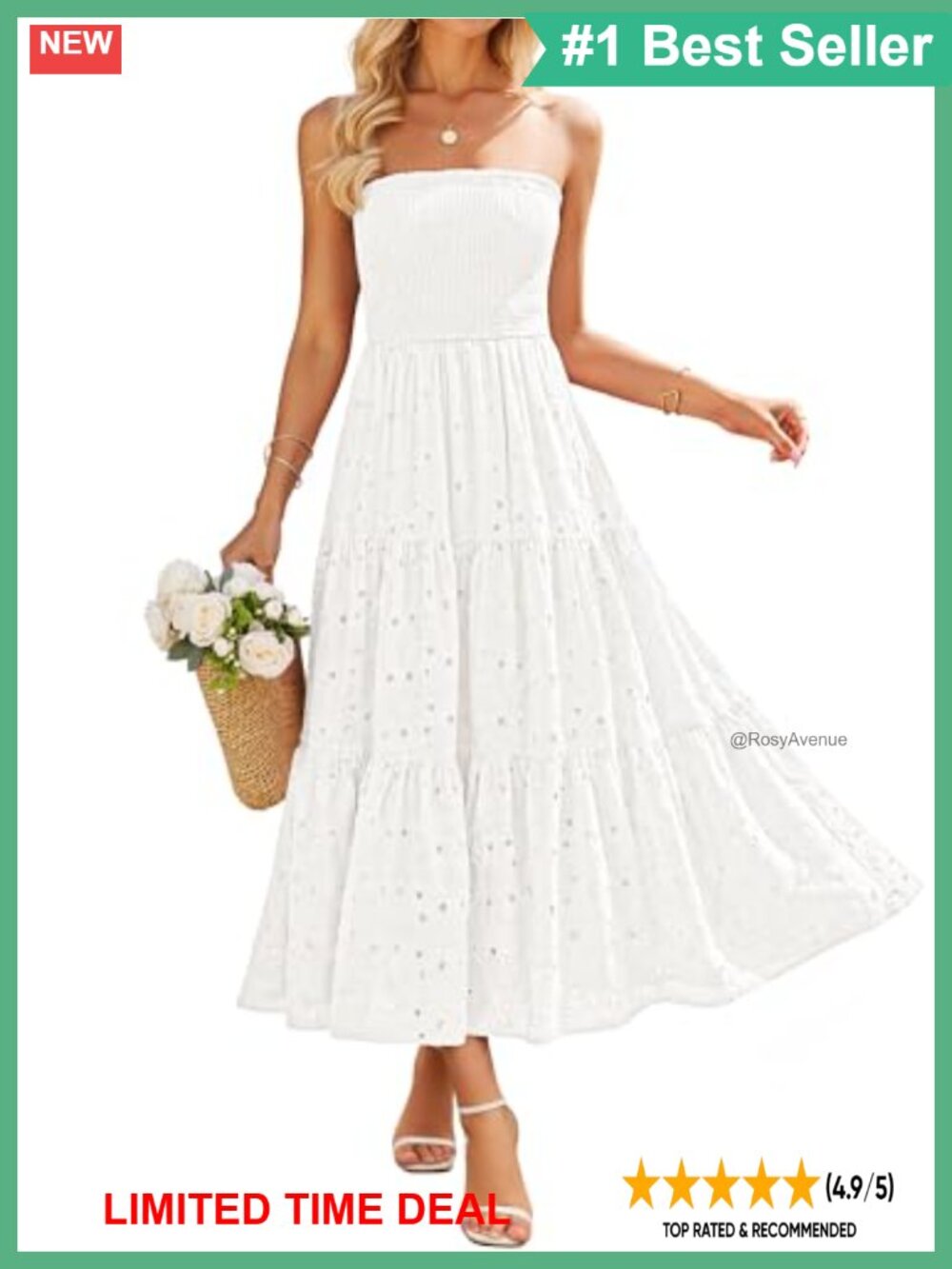 Boho Strapless Smocked Midi Dress Cotton Eyelet Lace Vacation